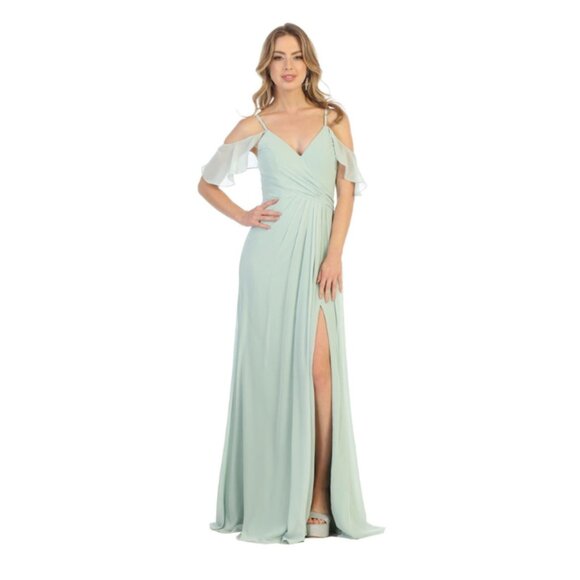 Sage Evening Long V-Neckline Cold Shoulder A-Line Dress By May Queen MQ1732 - Picture 1 of 3